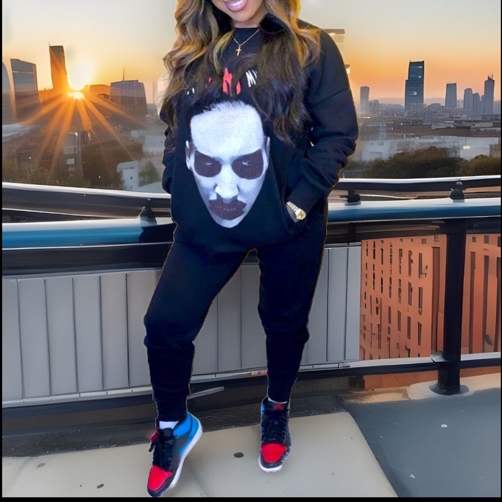 Marilyn Manson Hooded Side Pockets Long Sleeve Shirt & Pants/joggers 2pc Outfit